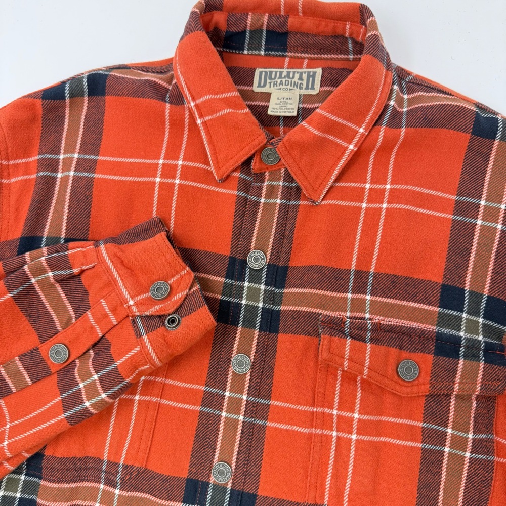 Duluth Trading Co Mens Large Tall Fleece Lined Flannel Shirt Jacket Orange Plaid